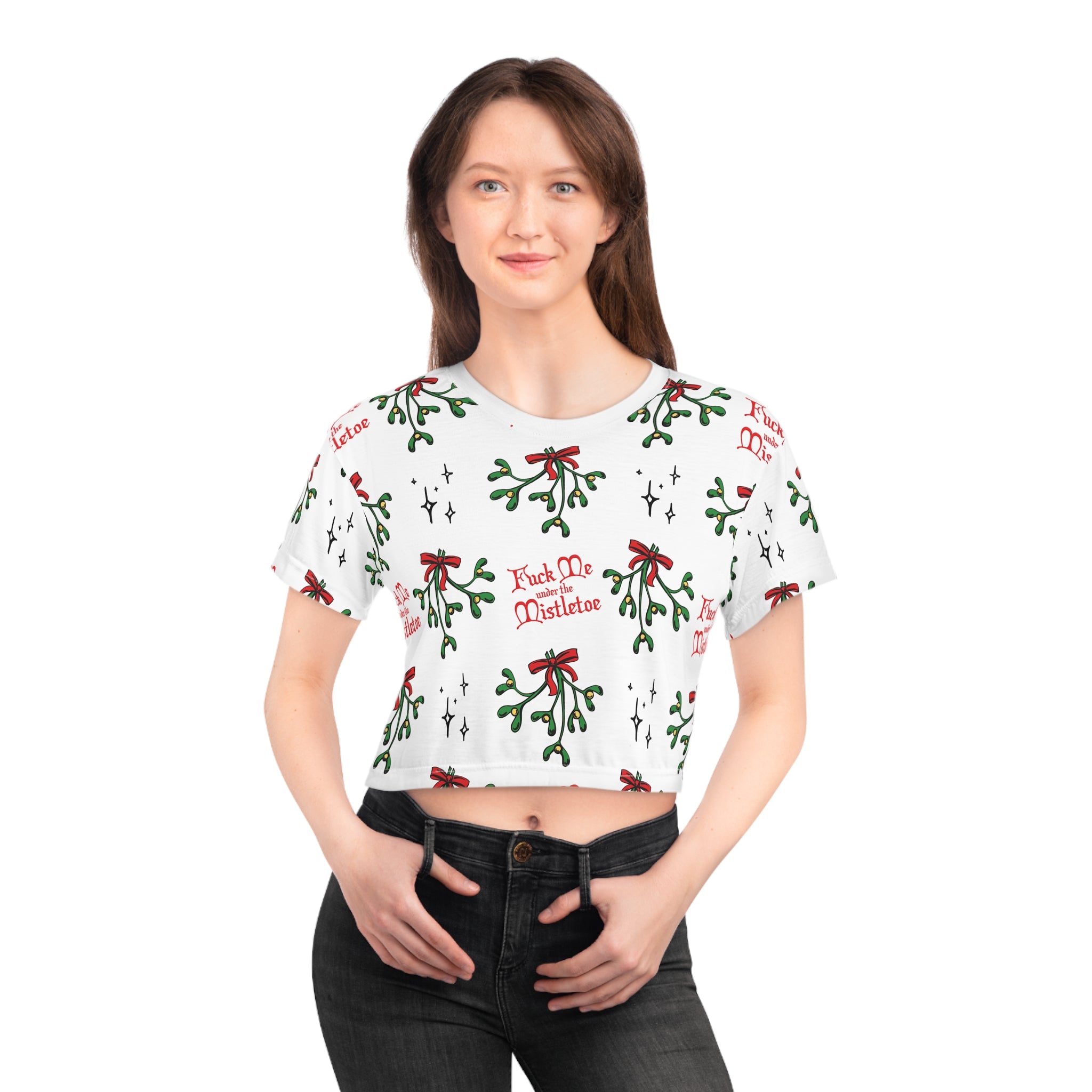 Fuck Me Under the Mistletoe - Crop Tee All Over Prints Printify White stitching L 