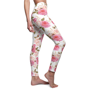 Cabbage Rose Floral Soft Touch Leggings Leggings Restrained Grace XS White stitching 