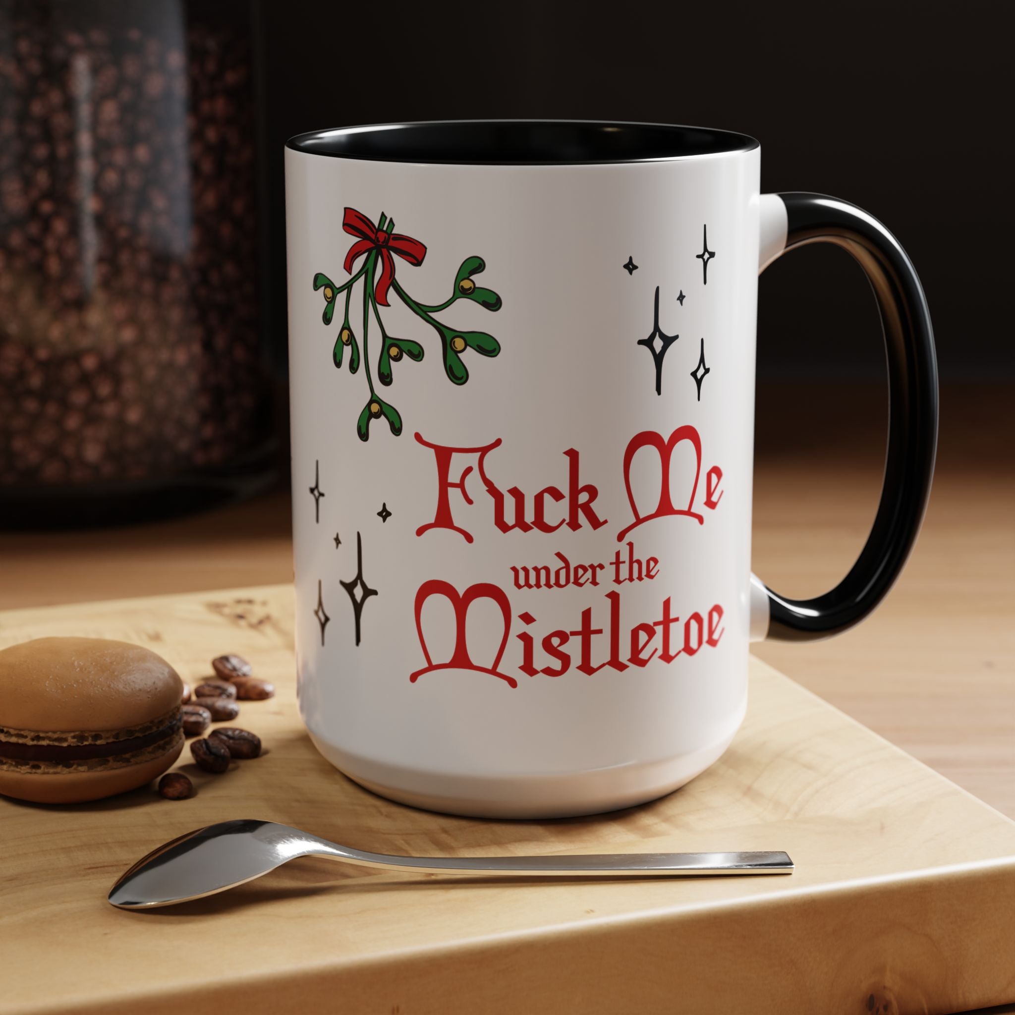 Fuck Me Under the Mistletoe - Retro Christmas Mug Mug Restrained Grace 15oz Black 