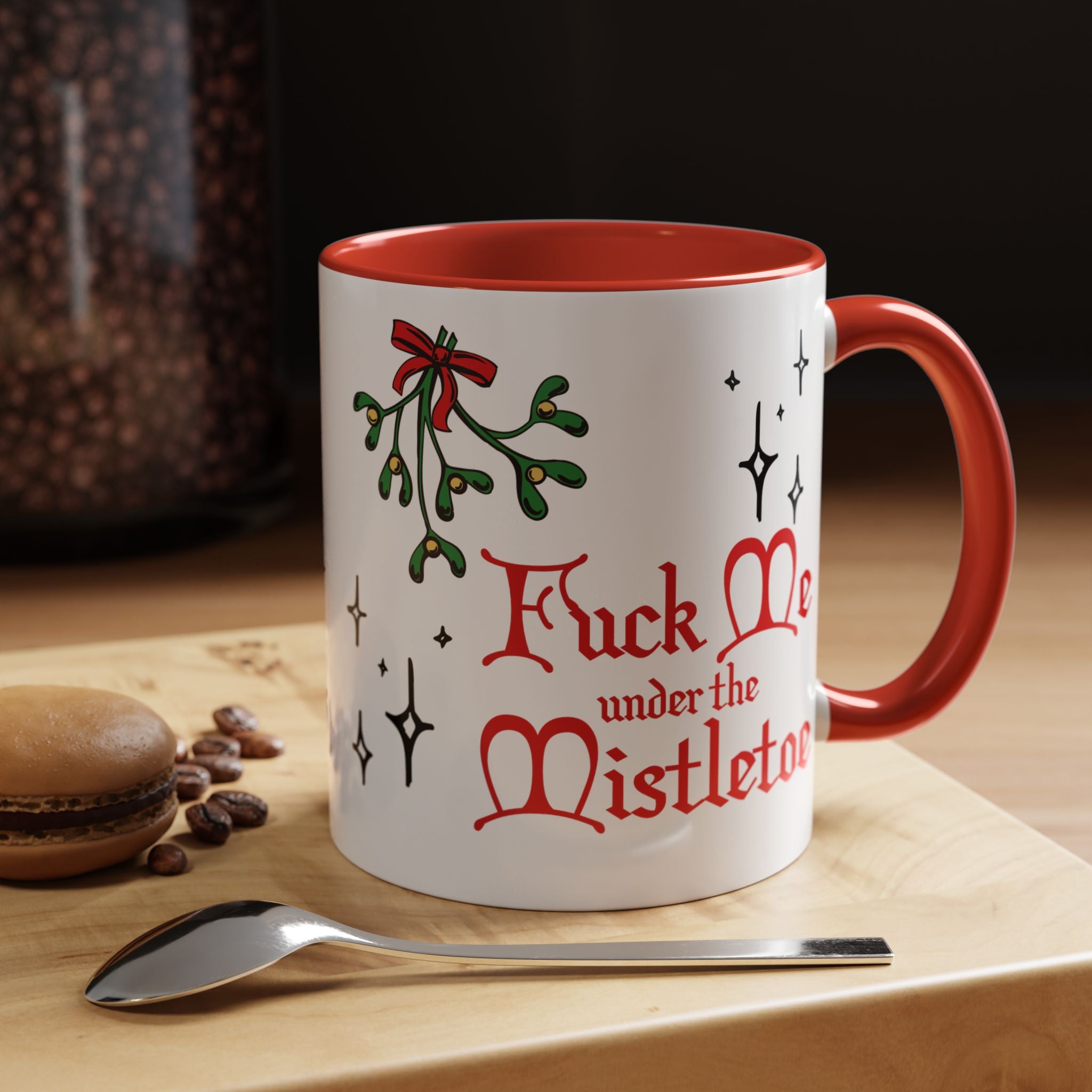 Fuck Me Under the Mistletoe - Retro Christmas Mug Mug Restrained Grace 11oz Red 