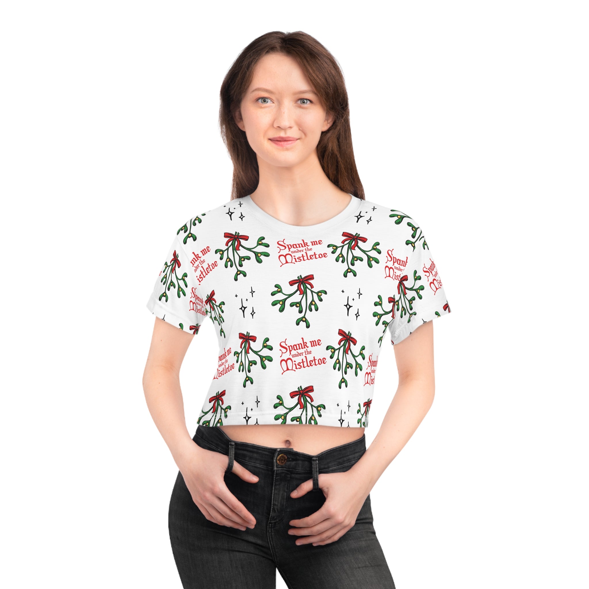 Spank Me Under the Mistletoe - Kinky Christmas Crop Tee Crop Top Printify White stitching XS