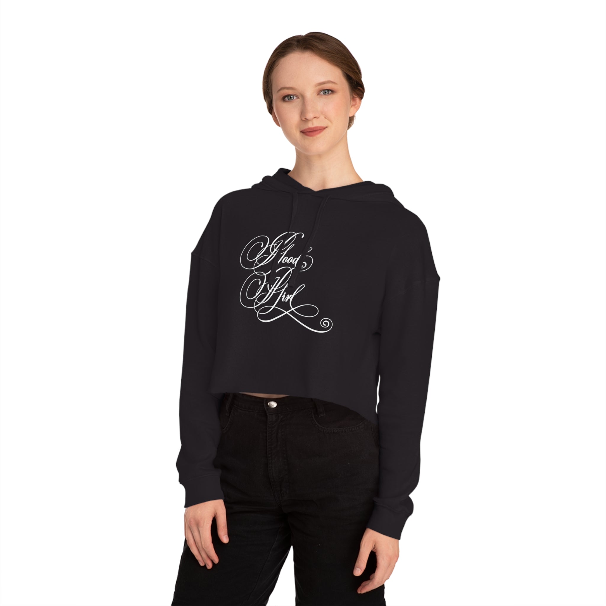 Good Girl Calligraphy Cropped Hoodie Sweatshirt Hoodie Printify   