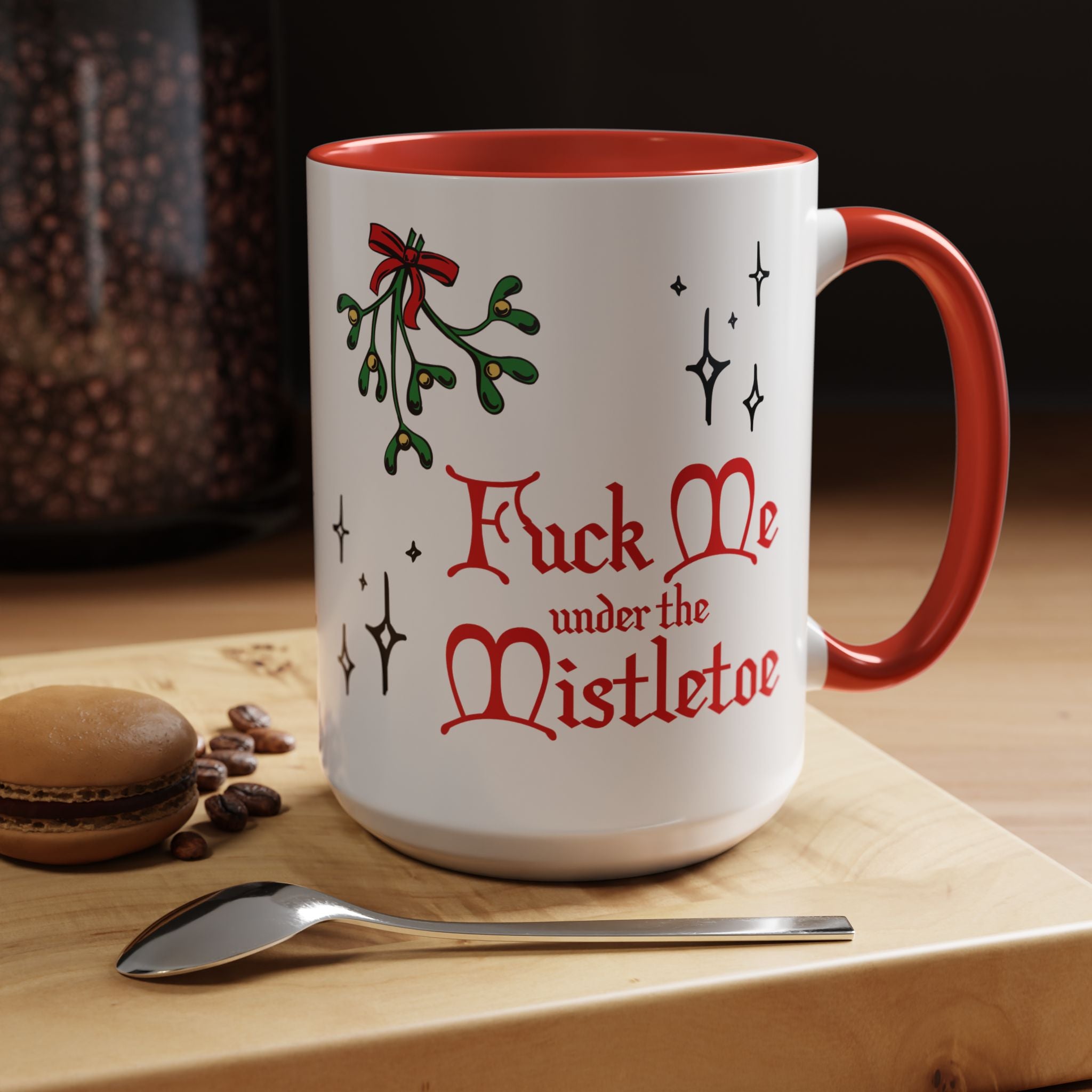 Fuck Me Under the Mistletoe - Retro Christmas Mug Mug Restrained Grace 15oz Red 