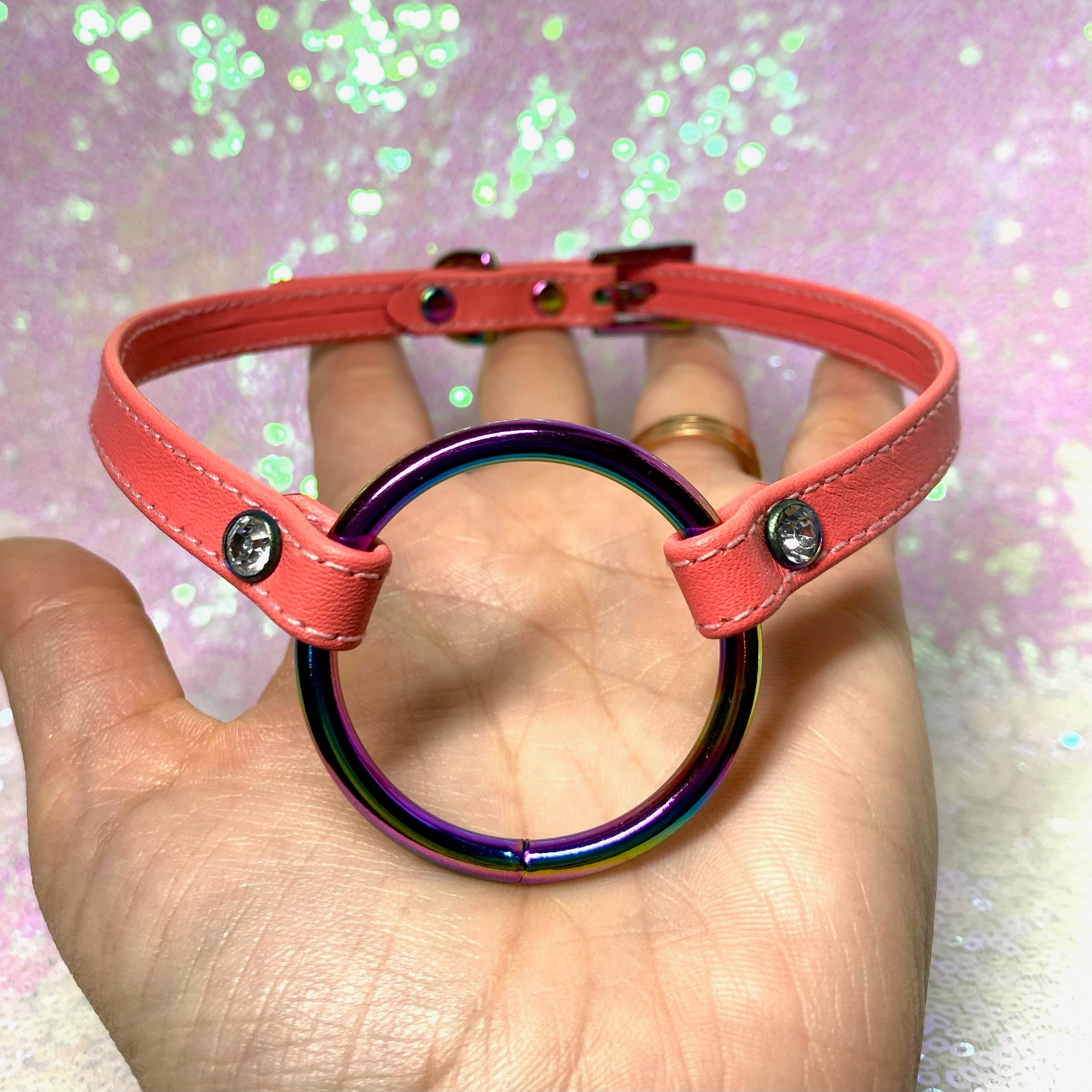 Sample Sale - Ring of O Mini Collar - Neon Coral and Iridescent Rainbow - 13"-15" Collar Restrained Grace   