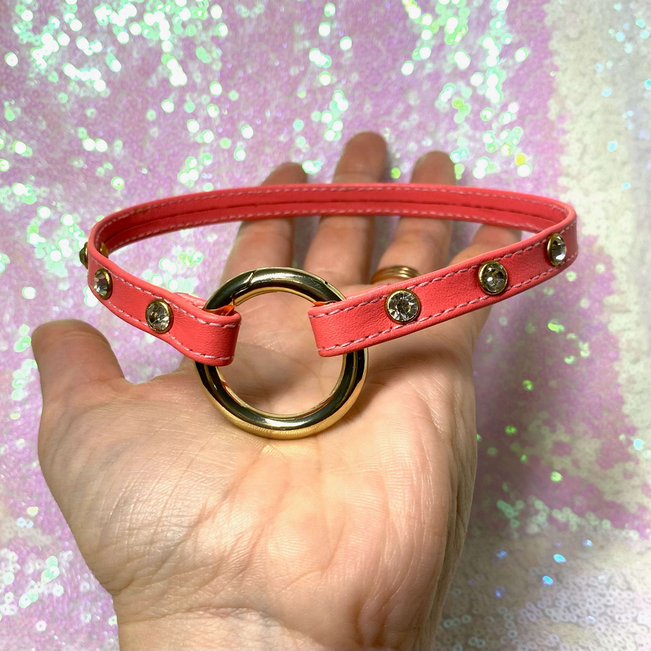 Sample Sale - Rhinestone Sleek Ring of O Collar - Neon Coral and Gold - 12.5" Collar Restrained Grace   