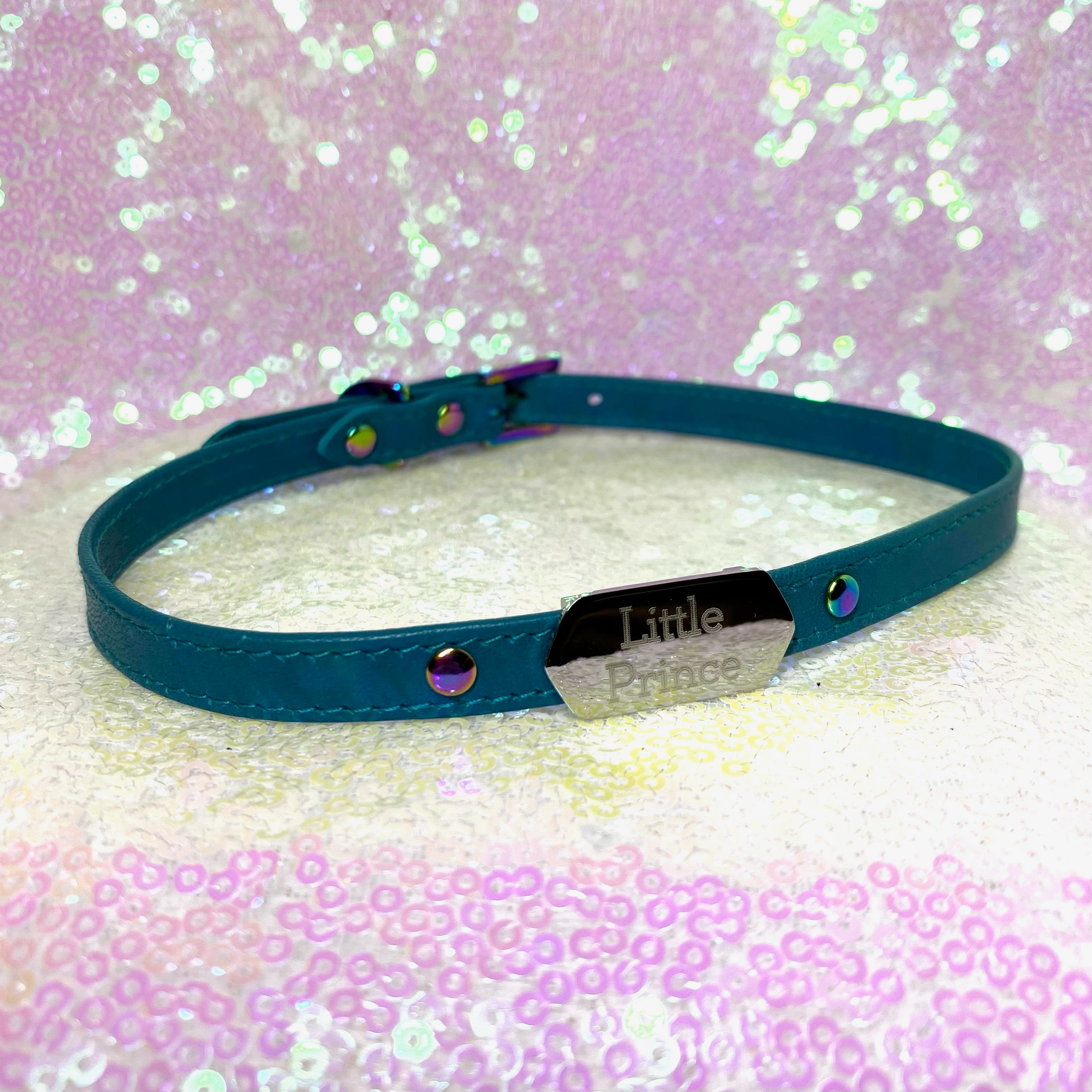 Sample Sale - Engraved Hexagon Mini Collar - Teal and Iridescent Rainbow - 13"-15" Collar Restrained Grace   