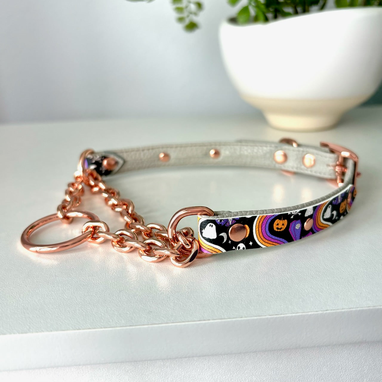 Dove Gray and Rose Gold Halloween Retrowave Martingale BDSM Collar Collar Restrained Grace   