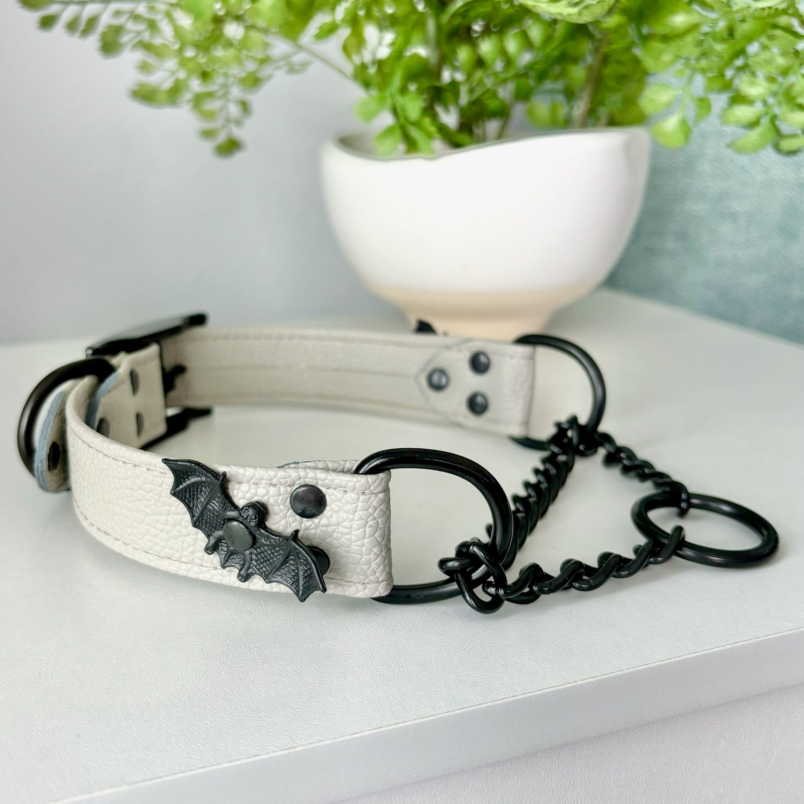 Dove Gray and Black Halloween Bat Martingale BDSM Collar - 14" Collar Restrained Grace   