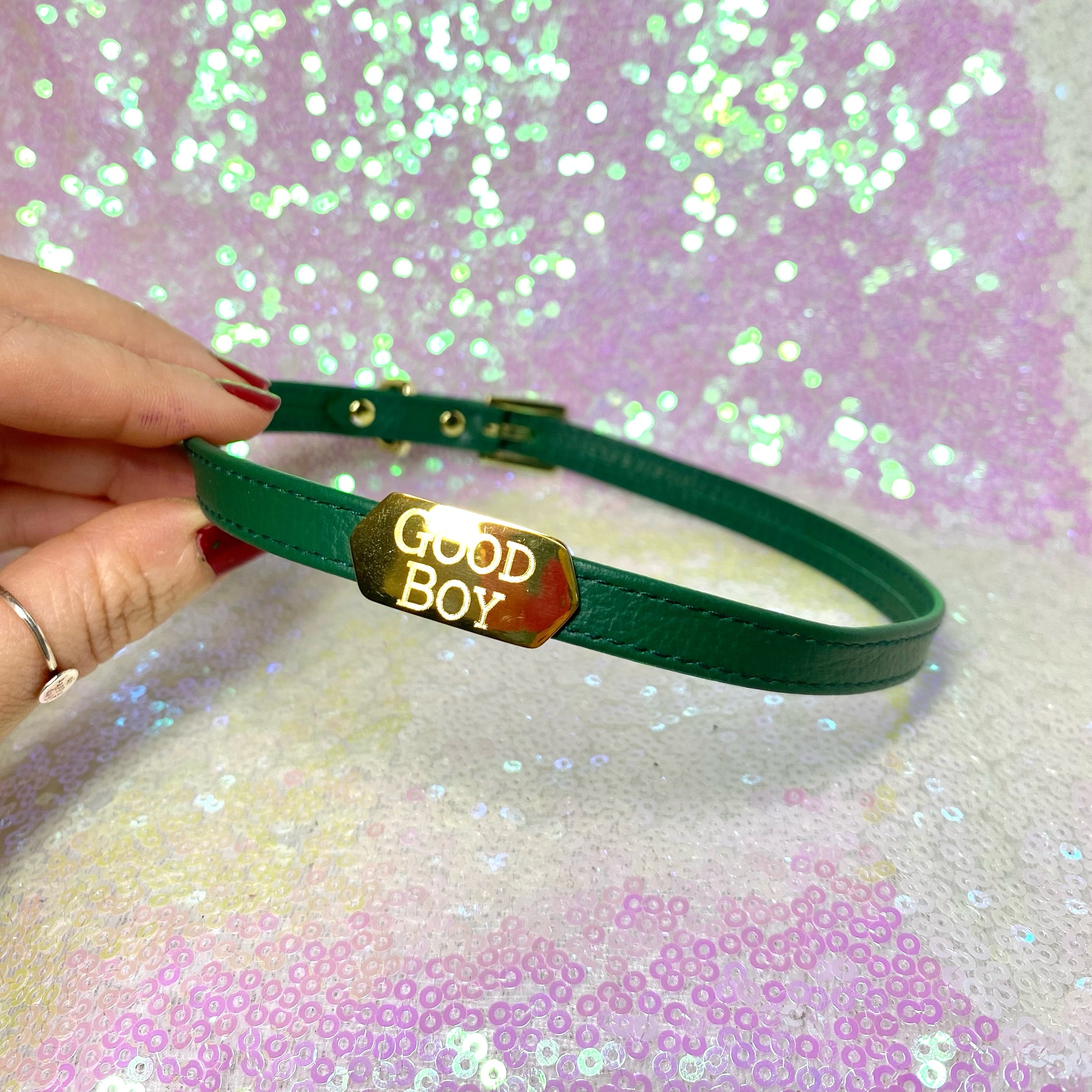 Sample Sale - Engraved Hexagon Mini Collar - Emerald and Gold - 14.5"-16.5" Collar Restrained Grace   