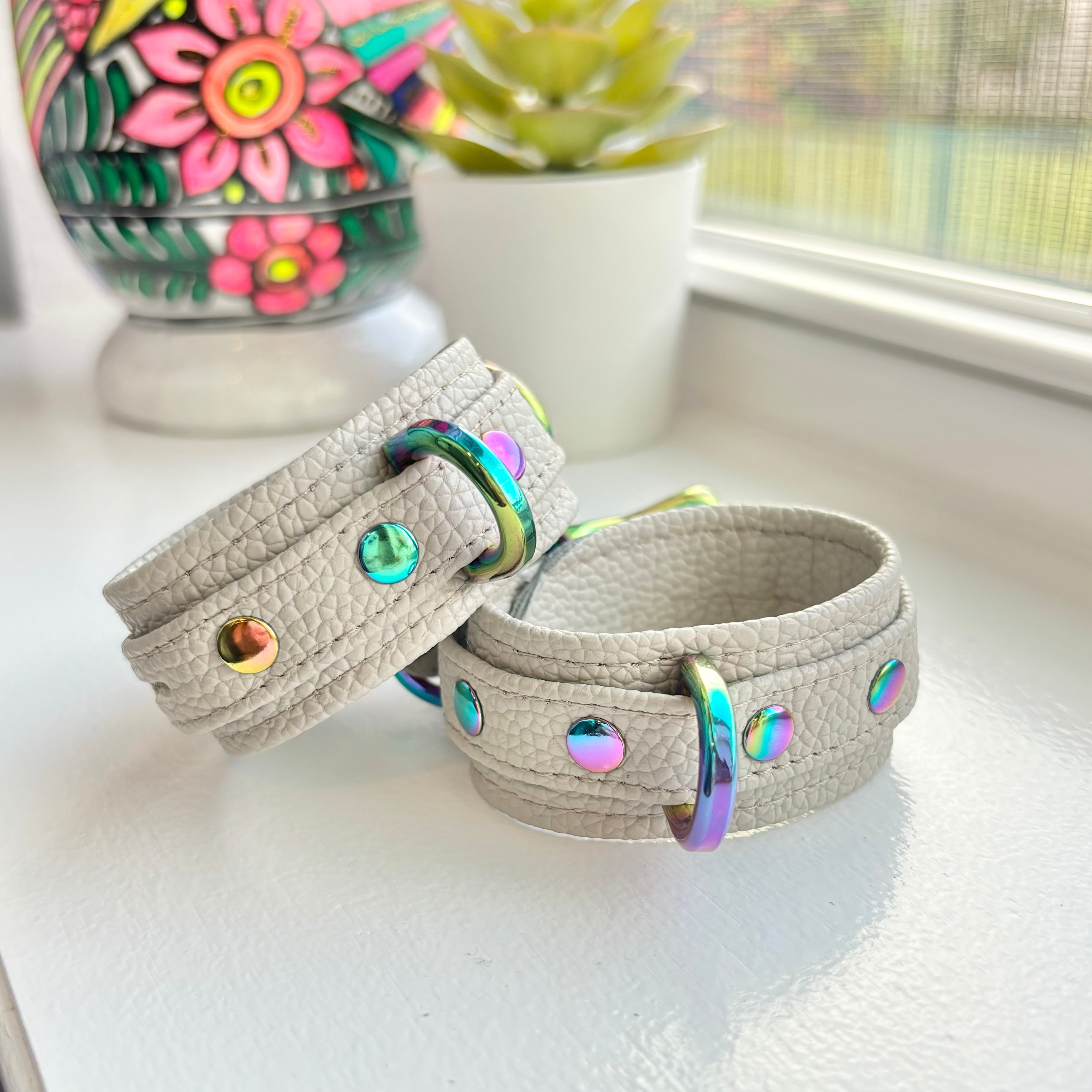 Dove Gray Deluxe Bondage Cuffs Cuffs Restrained Grace Iridescent Rainbow 5"-7" 