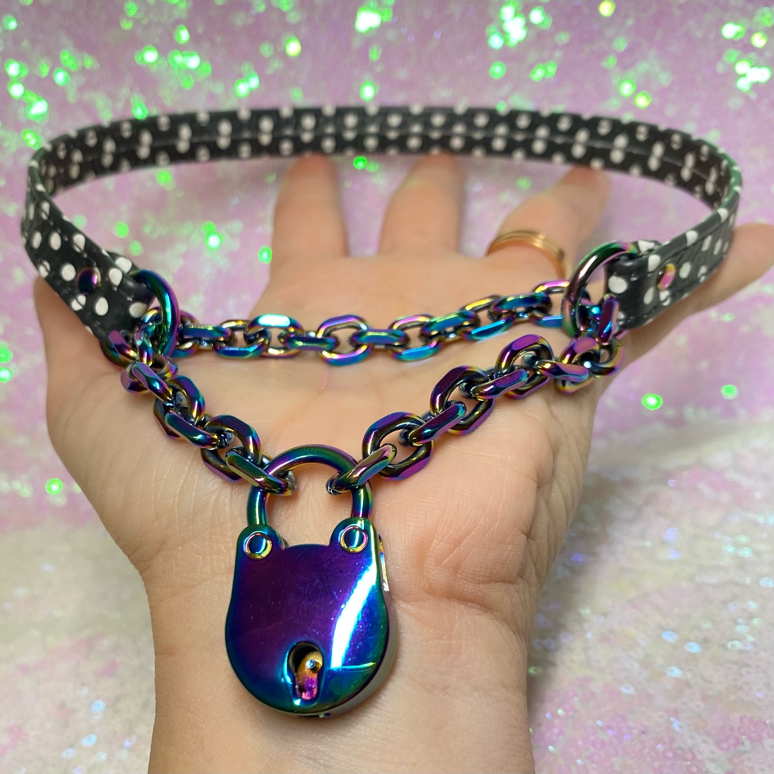 Sample Sale - Petite Locking Martingale - Polka Dot and Iridescent Rainbow - 15" Collar Restrained Grace   