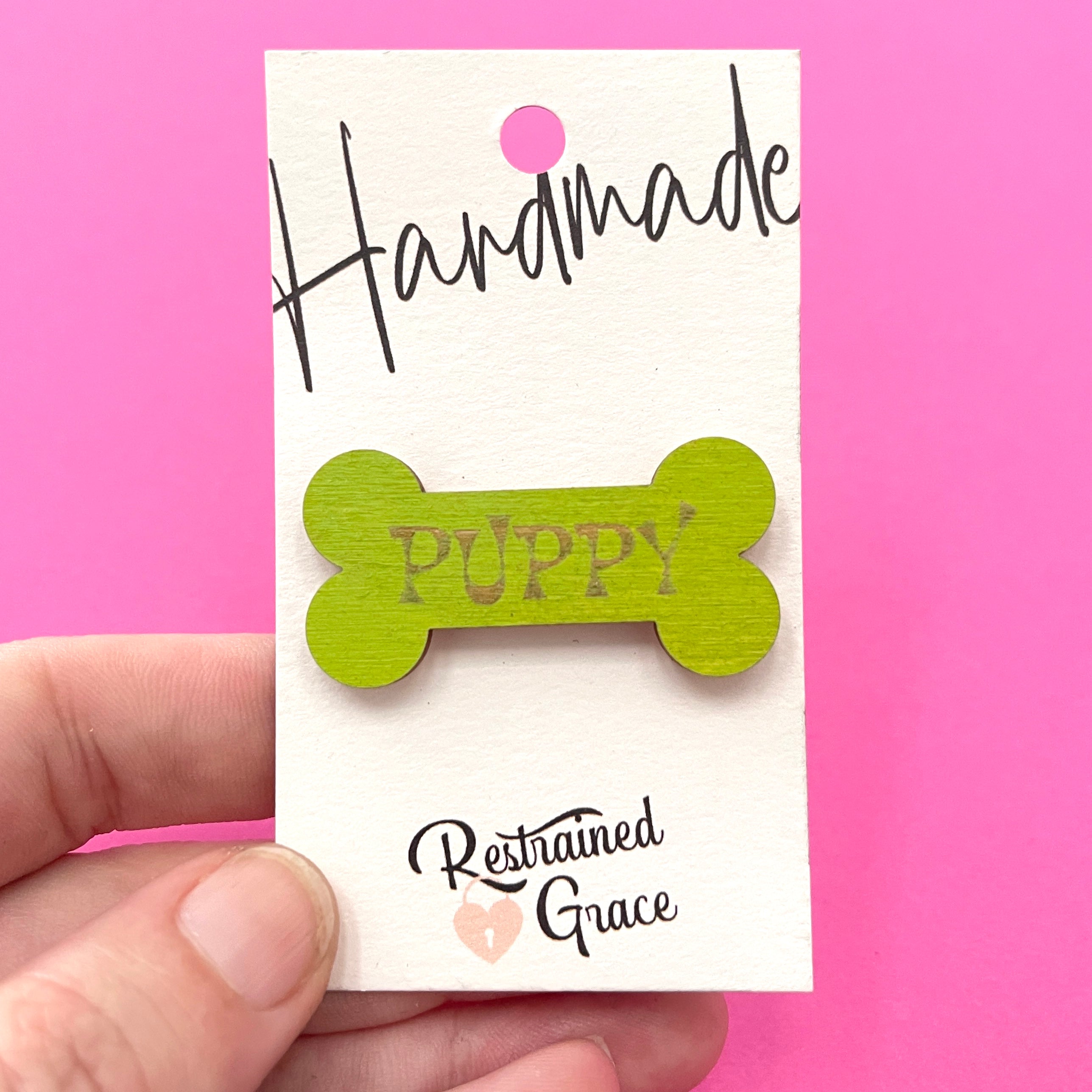 Sample Sale - Lime Green Puppy Bone Wooden Lapel Pin Pin Restrained Grace   