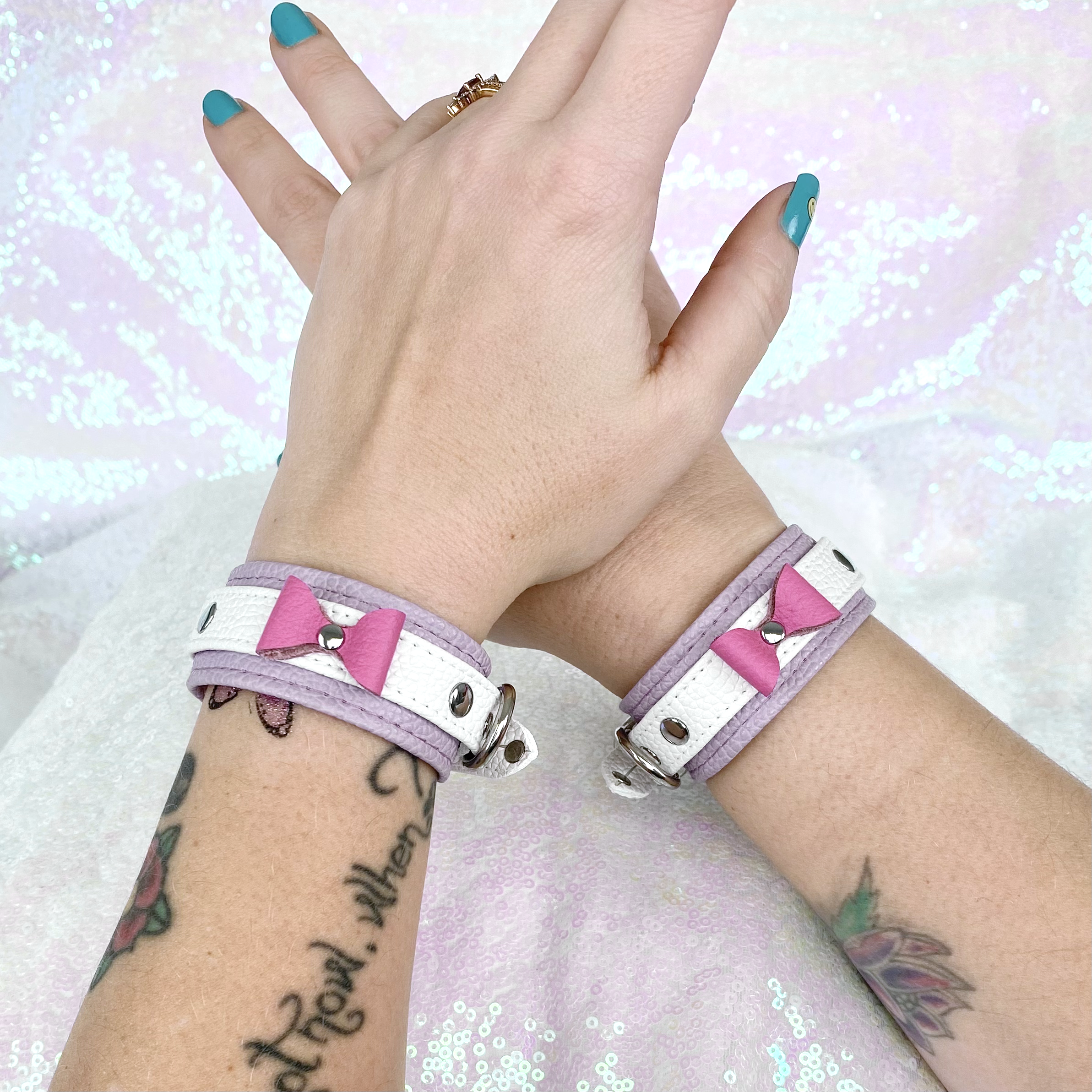 Pretty Princess Deluxe Bow Bondage Cuffs - Lavender, Pink, White, and Silver Cuffs Restrained Grace   