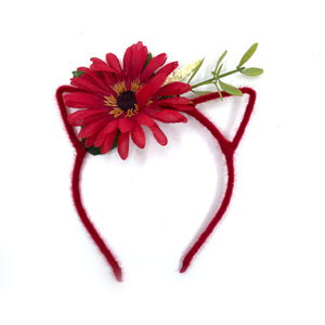 Floral Cat Ears Headband - Red Daisy Tiara Restrained Grace   