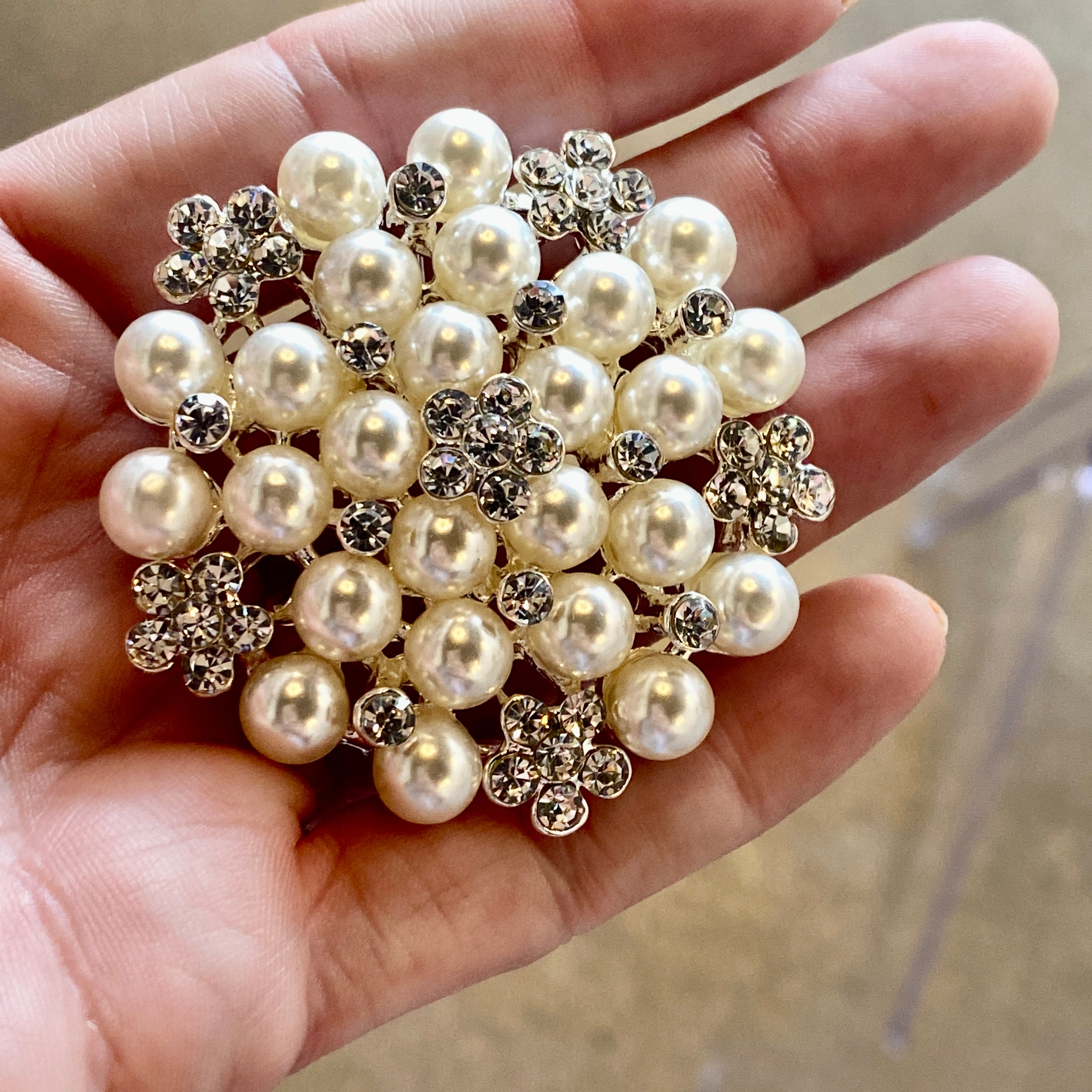 Rosette Brooch with Shell Pearls and Cubic Zirconia Brooch Restrained Grace   